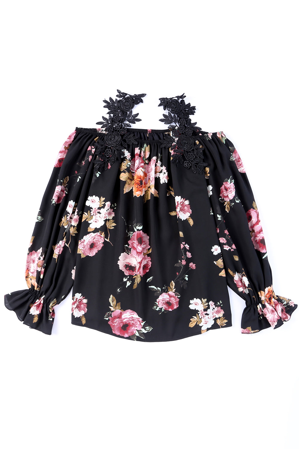 Black Floral Print Lace Patchwork Loose Off Shoulder Blouse