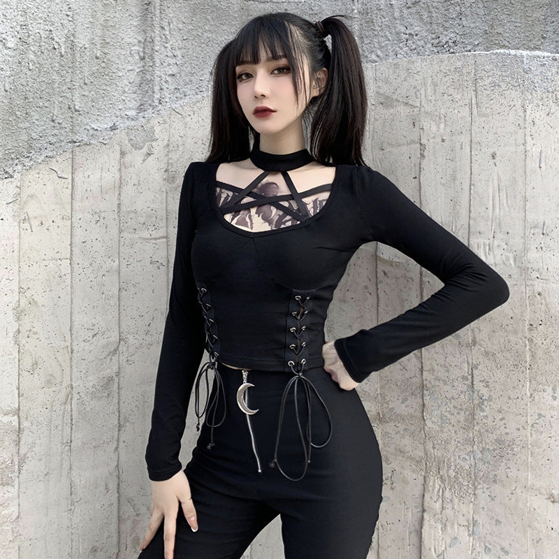 Pentagram Pattern Strappy Long Sleeve Lace Up Style Top