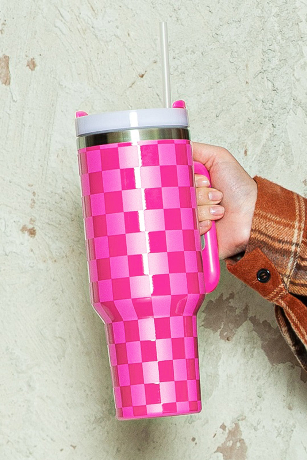 Black Pink Checkered Print Handled Stainless Steel Tumbler Cup