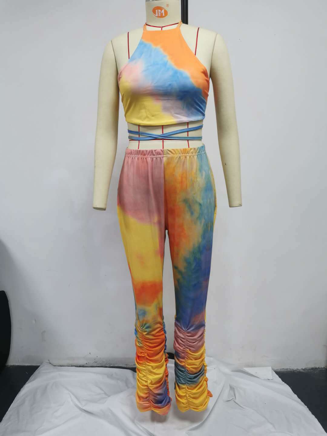 Two-piece Thin Fabric Tie Dye Print Crop Top And Rouched bottom Leggings Two Piece Outfit Set