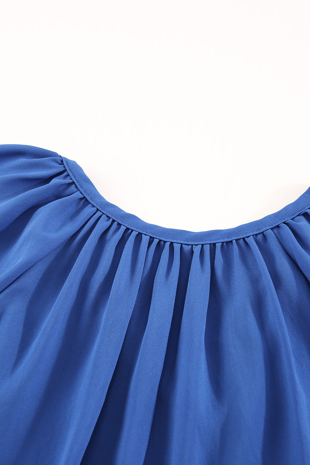 Blue Casual Split Neck Pleated Loose Short Sleeve Blouse