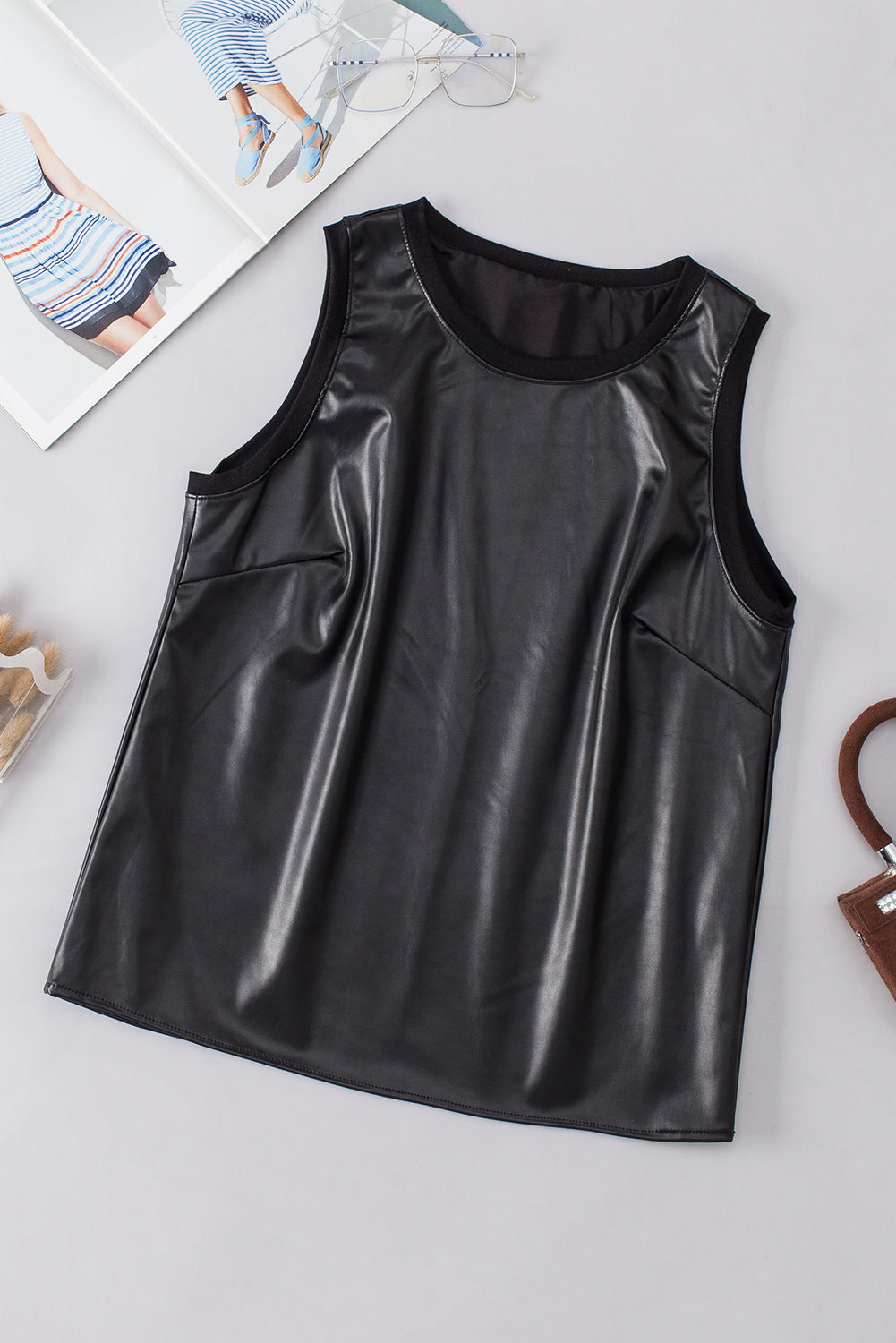 Round Neck Faux Leather Shiny Tank Top