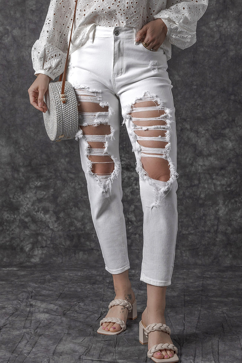 White Straight Leg Distressed Jeans with Pockets