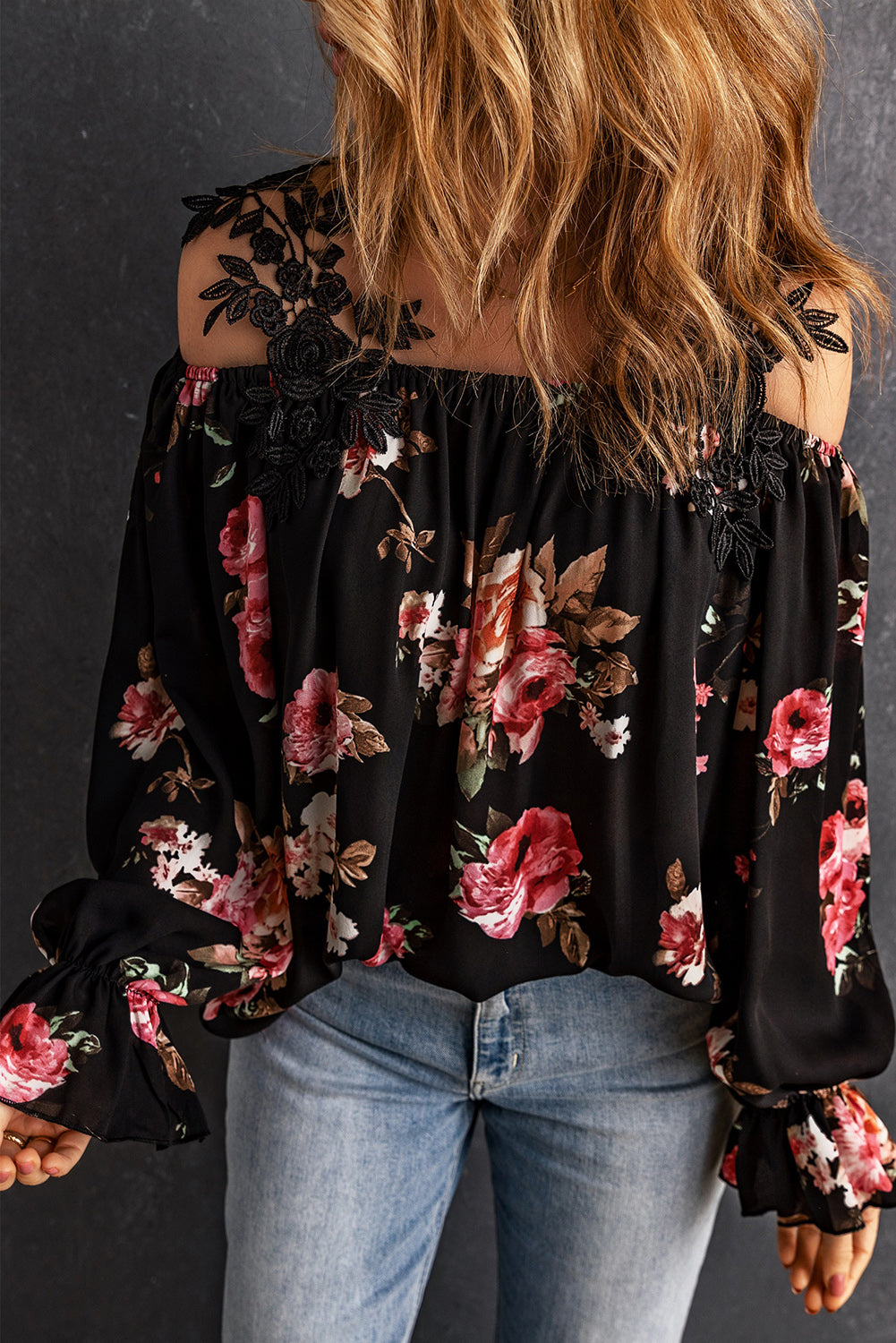 Black Floral Print Lace Patchwork Loose Off Shoulder Blouse