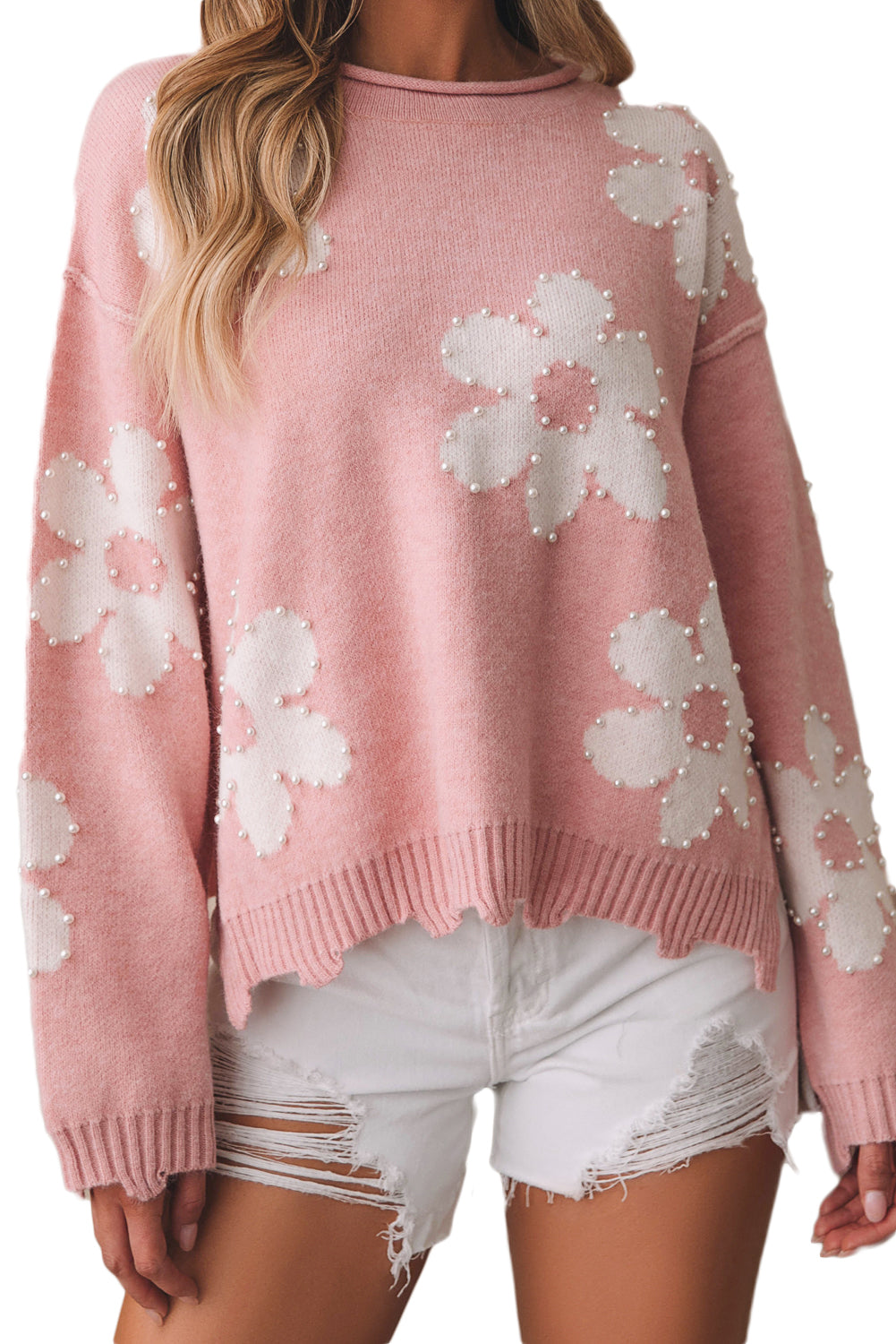 Bonbon Pearl Beaded Heart Drop Shoulder Sweater