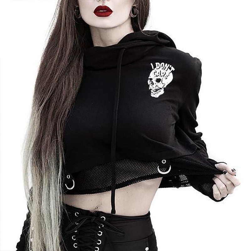 Skull Graphic Printed Cropped Top Hoodie