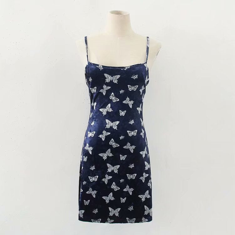 Street Girl Butterfly Print Retro Velvet Slim Suspender Dress Skirt