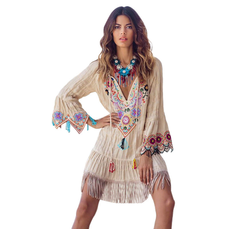 Exposed Stitching Embroidered Floral V Neck Fringed Bottom Short Bohemian Dress