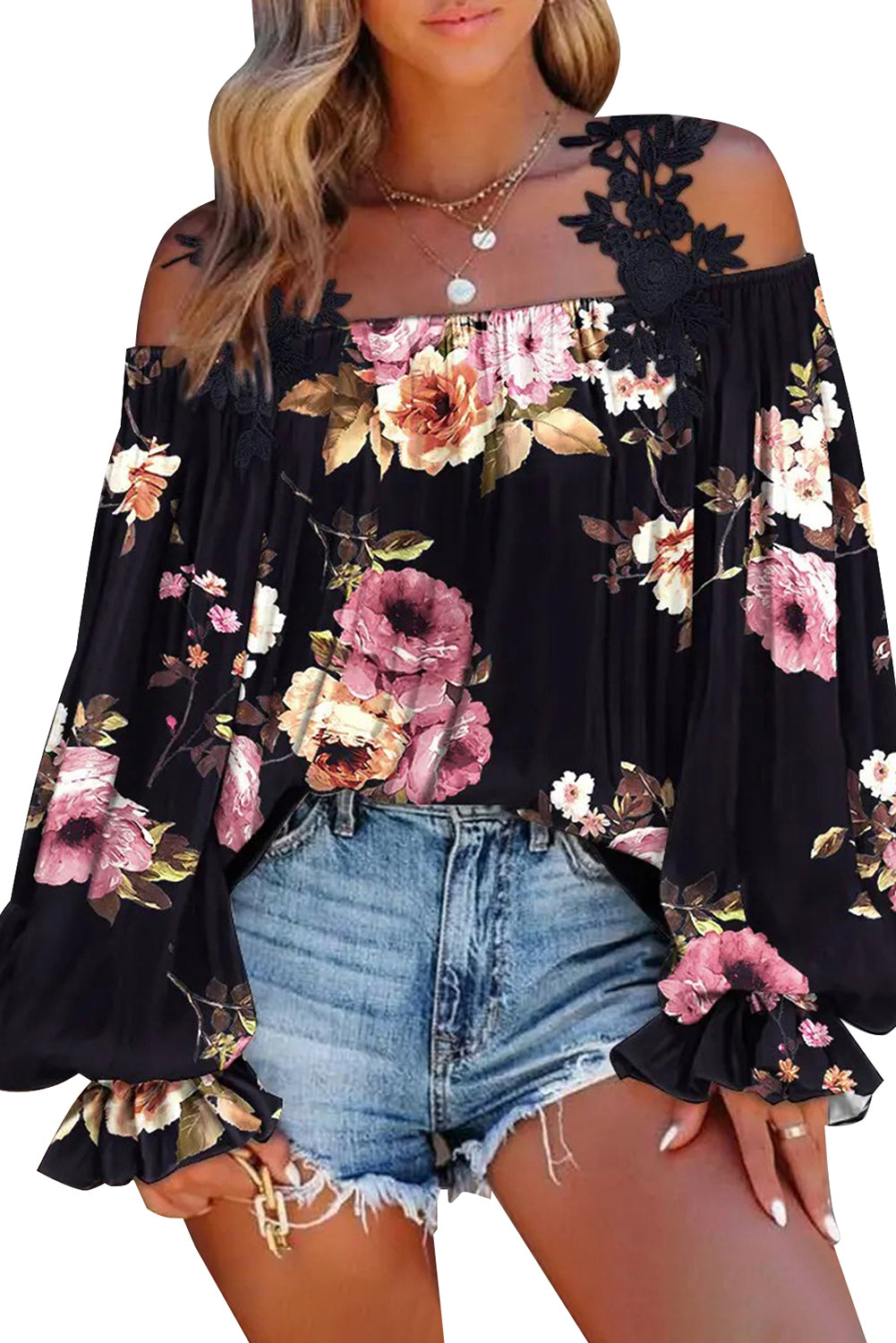 Black Floral Print Lace Patchwork Loose Off Shoulder Blouse