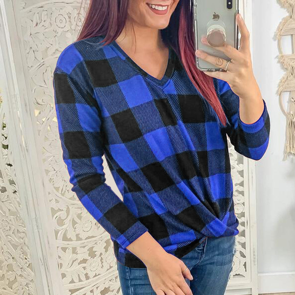 Knotted Bottom Long Sleeved Buffalo Plaid Checkered Blouses