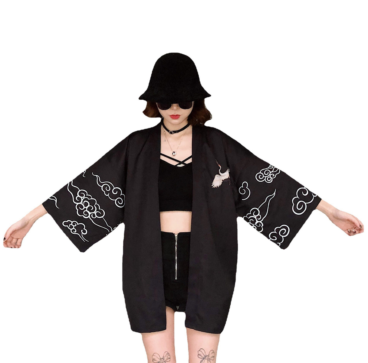 Japanese Style Kimono Jacket Crane Printed Back House Coat