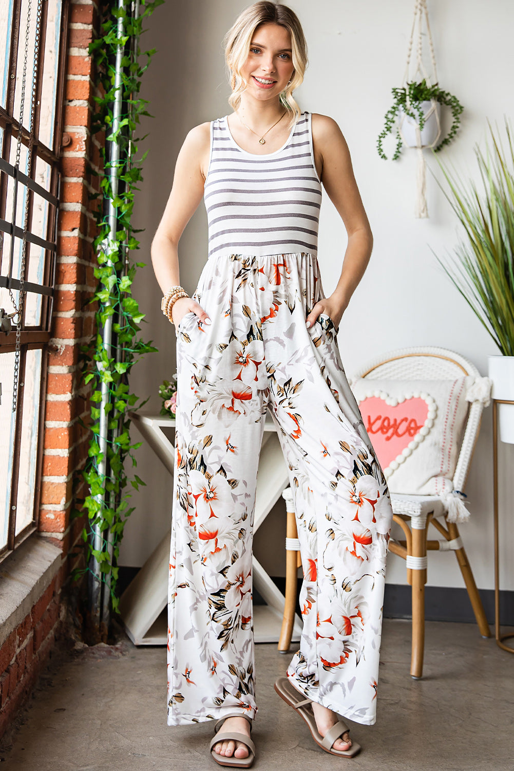 White Striped Floral Pocket Sleeveless Jumpsuit With Pockets