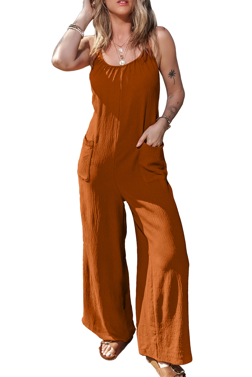 Apricot Spaghetti Straps Waist Tie Wide Leg Jumpsuit with Pockets