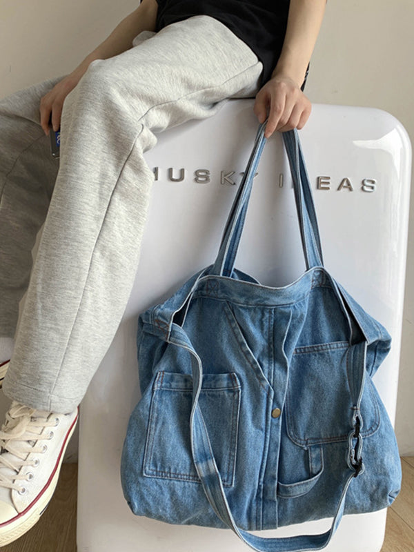 Casual Denim Split-Joint Solid Color Tote Style Handbag