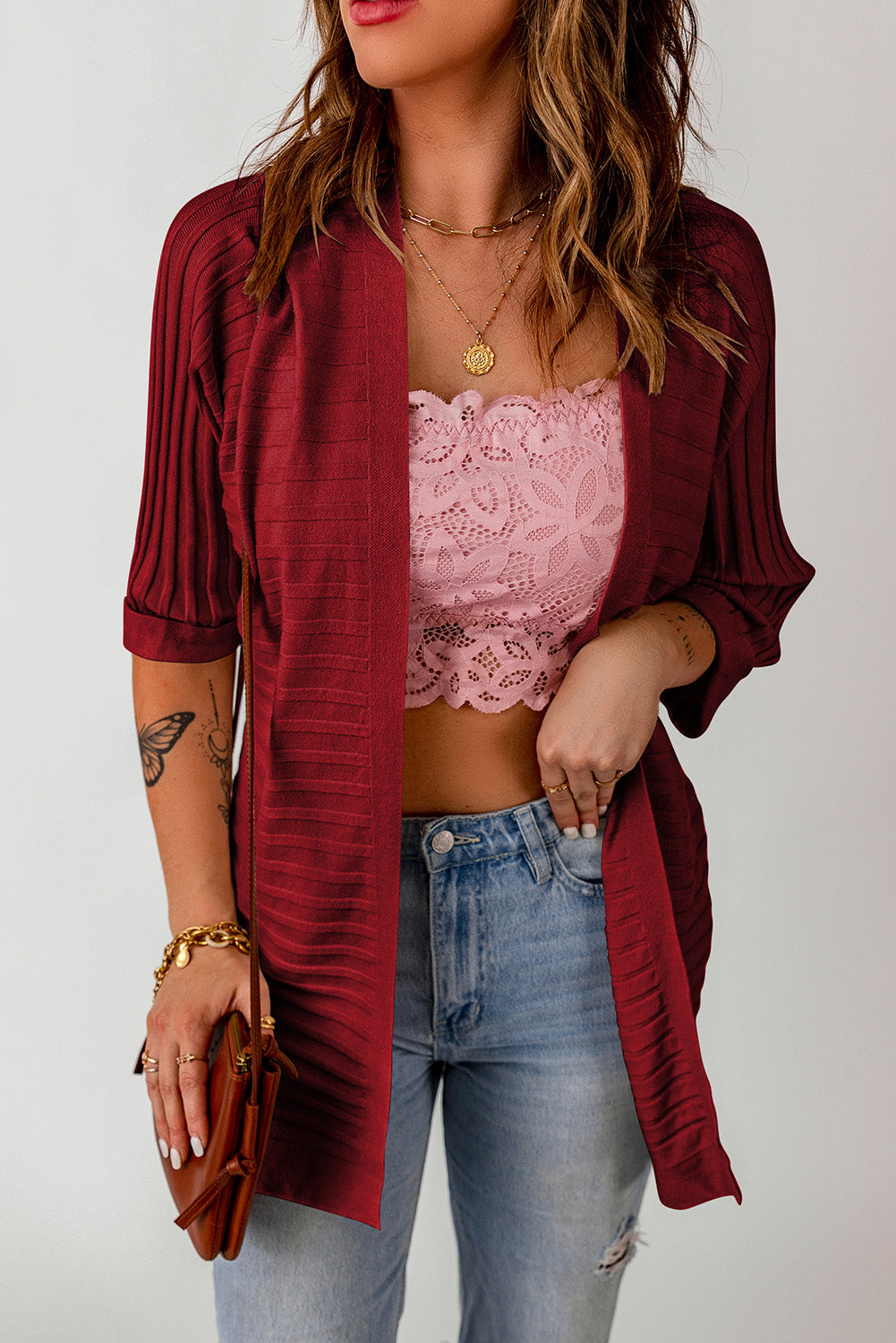 Red Ribbed Half Sleeve Open Front Knit Cardigans