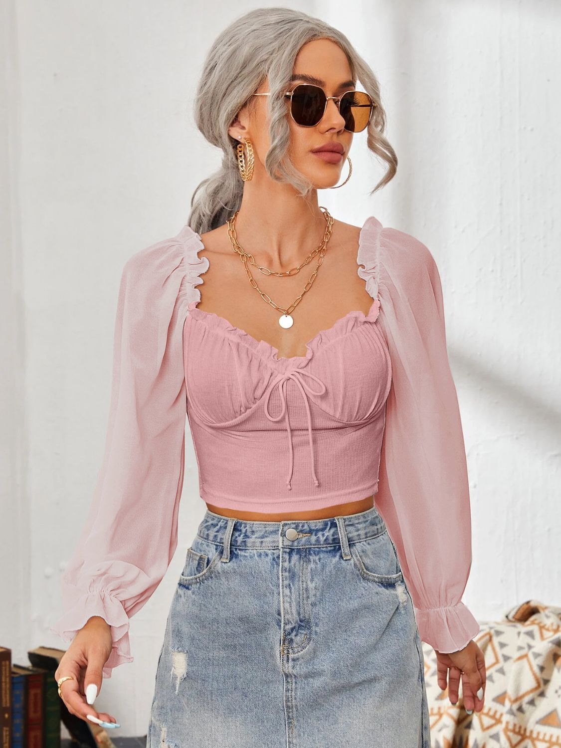 Mesh Sweetheart Neck Flounce Sleeve Top | Elegant Women’s Sheer Blouse