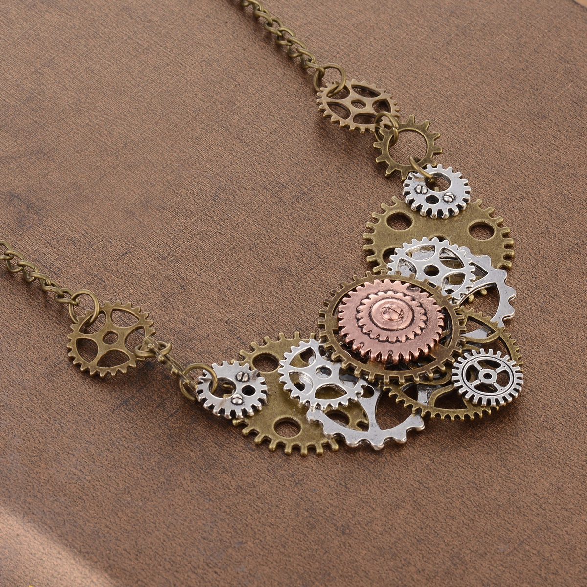 Vintage Gears Turning Steampunk Style Pendant Necklace