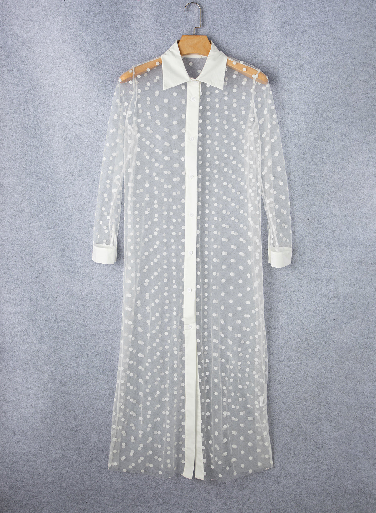 White Polka Dot Print Mesh Duster Kimono | Collared Button-Up Women’s Outerwear