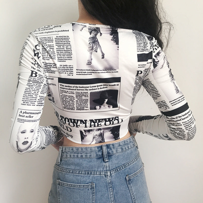 Sexy Printed Newspaper Style Graphic All Over Print Tie Front Long Sleeve Nightclub Style Crop Top