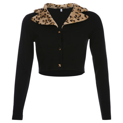 Sexy Cropped Three Button Faux Fur Leopard Print Collar Cardigan