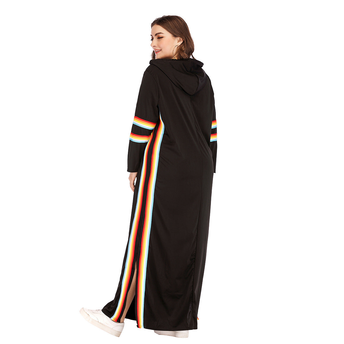 Long Sleeve Rainbow Trim Hoodie Sweatshirt Maxi Dress