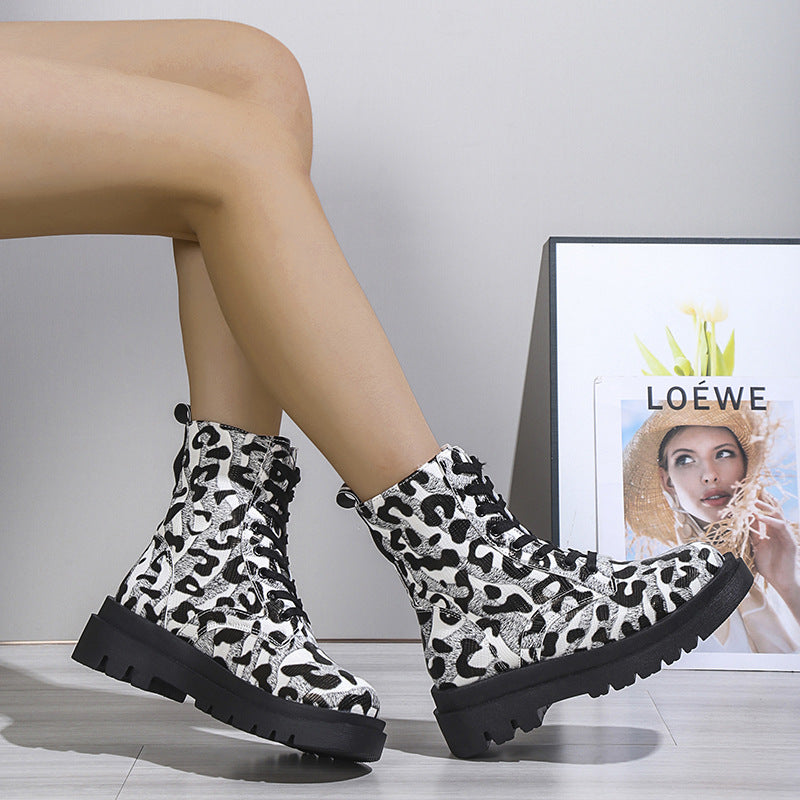 Women’s Black White Leopard Print Low Heel Boots