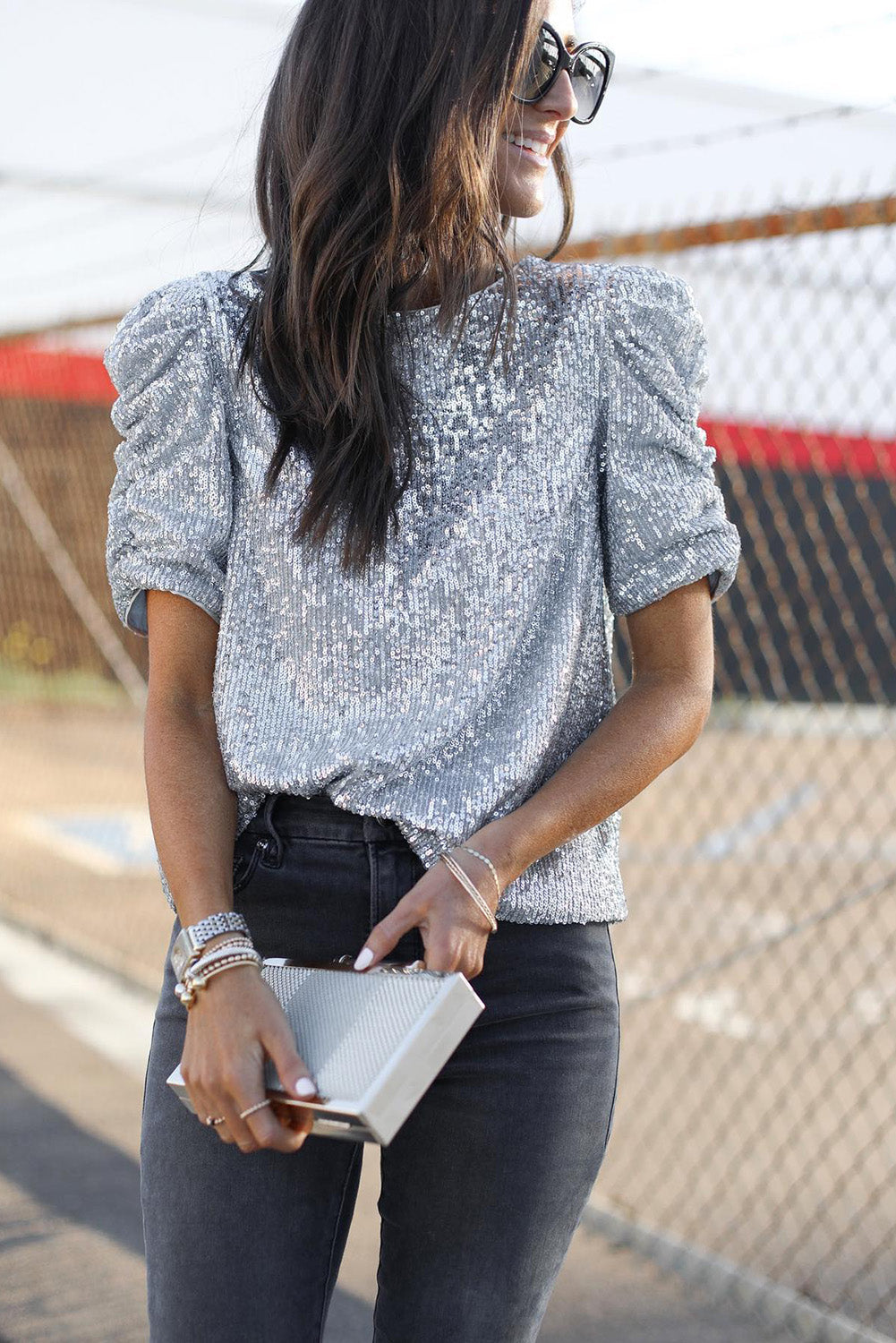 Silvery Ruched Puff Sleeve Sequins Top