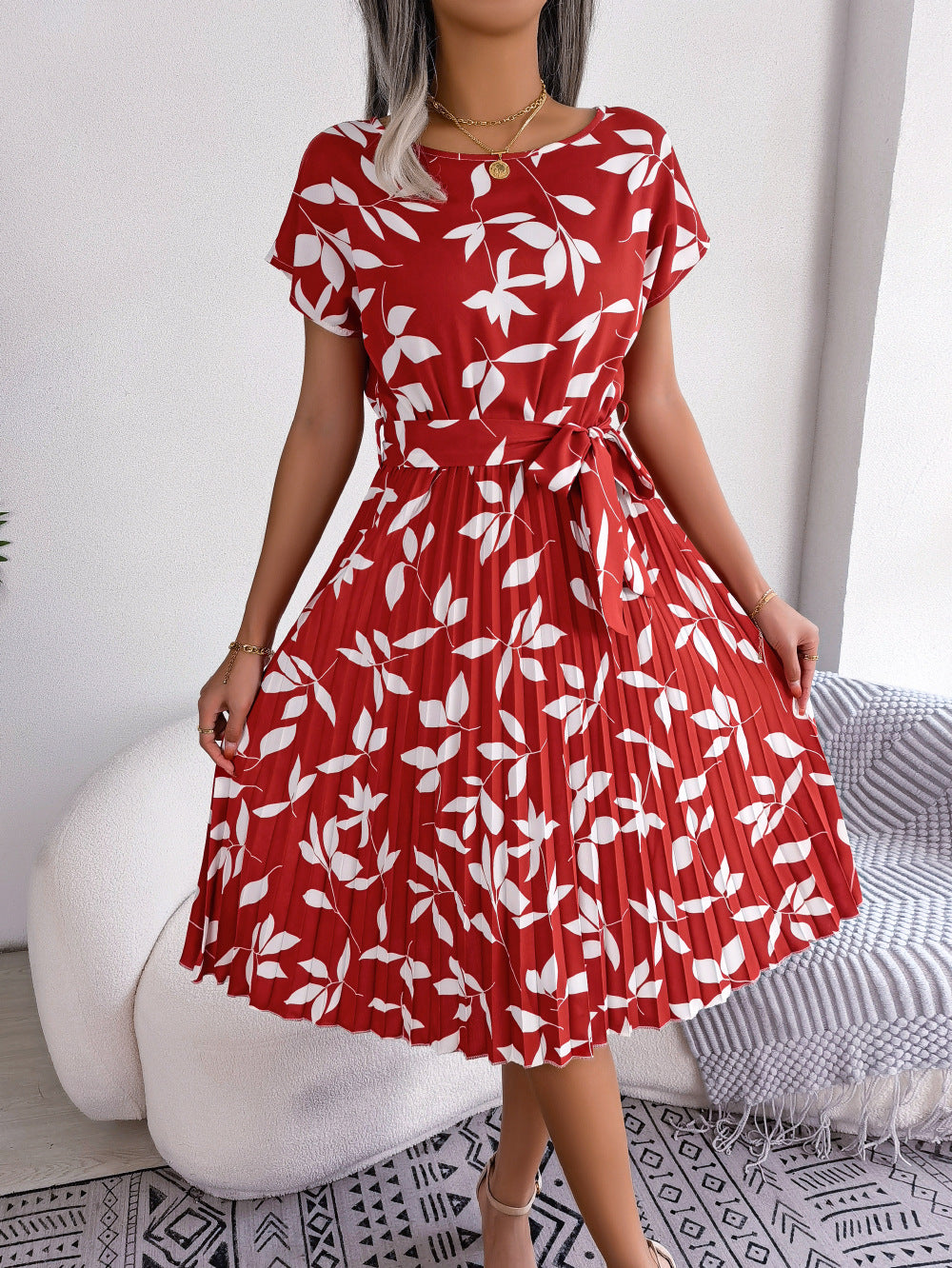 Leaf Print Boho Swing Tie Waste Dress