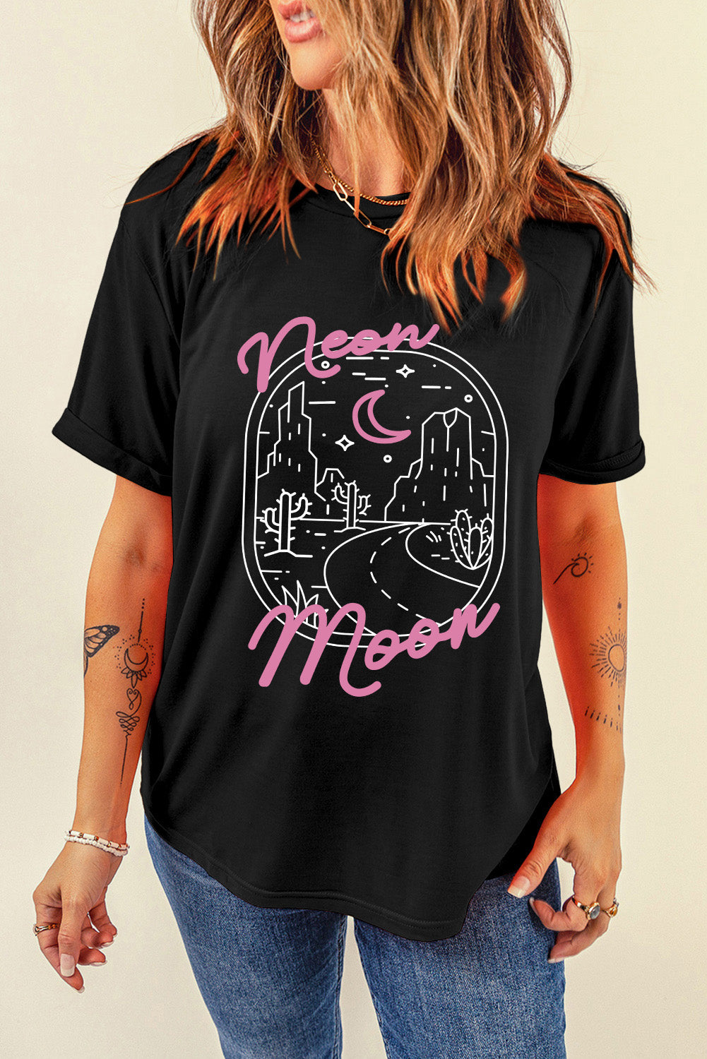 Neon Moon Graphic Round Neck Short Sleeve T-Shirt