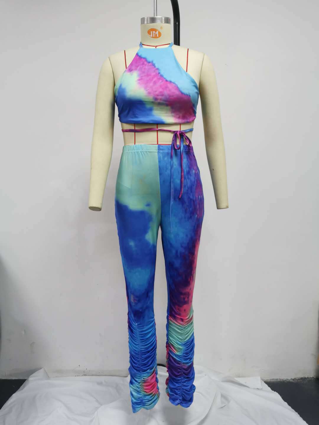 Two-piece Thin Fabric Tie Dye Print Crop Top And Rouched bottom Leggings Two Piece Outfit Set