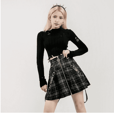 Dark black punk detachable pu strap decorative metal five-pointed star zipper lattice skirt pleated skirt