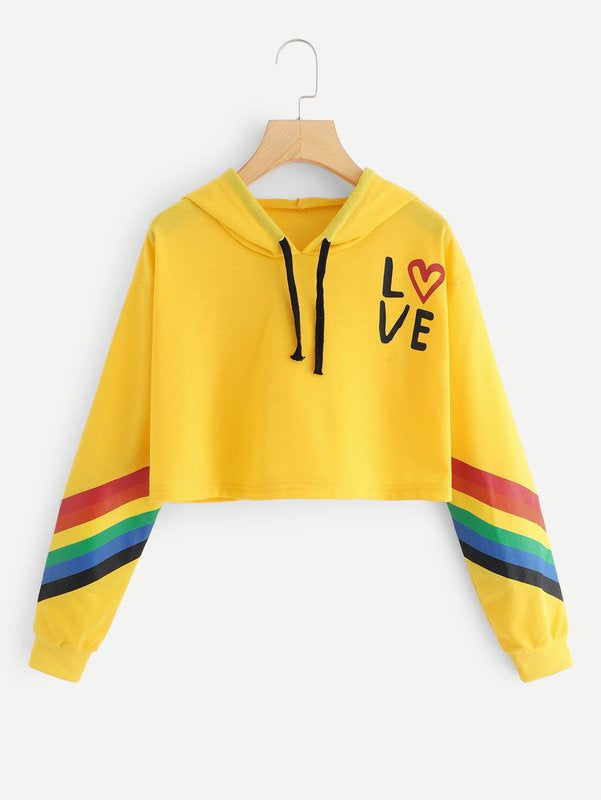 Rainbow Striped Love Pullover Cropped Graphic Print Sweatshirt