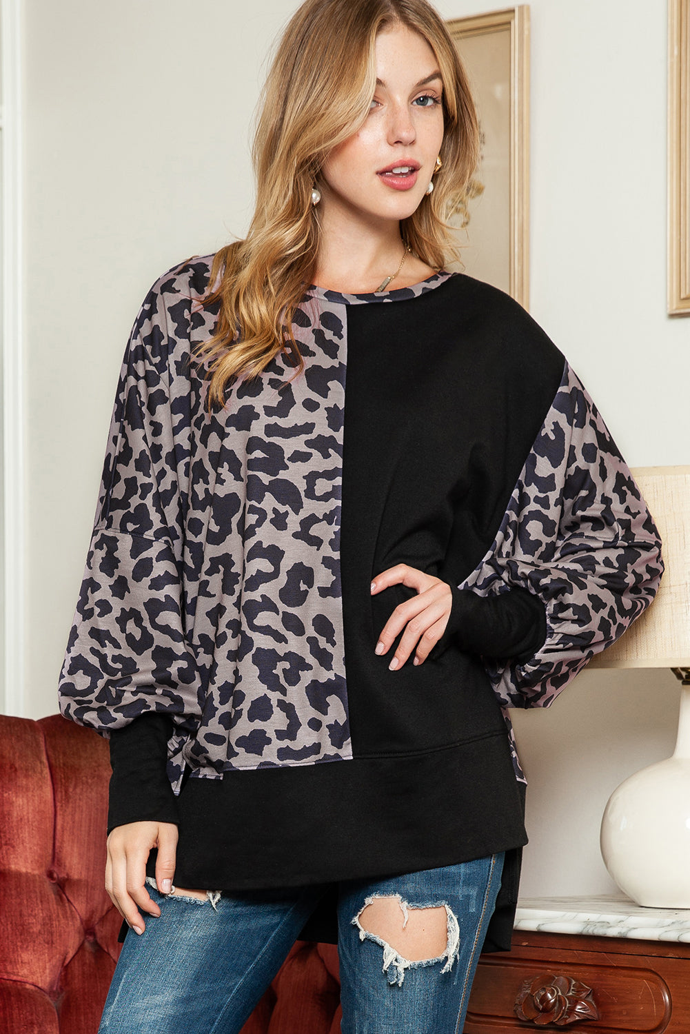 Black Leopard Print Bishop Sleeve Oversized Sweatshirt with Slits