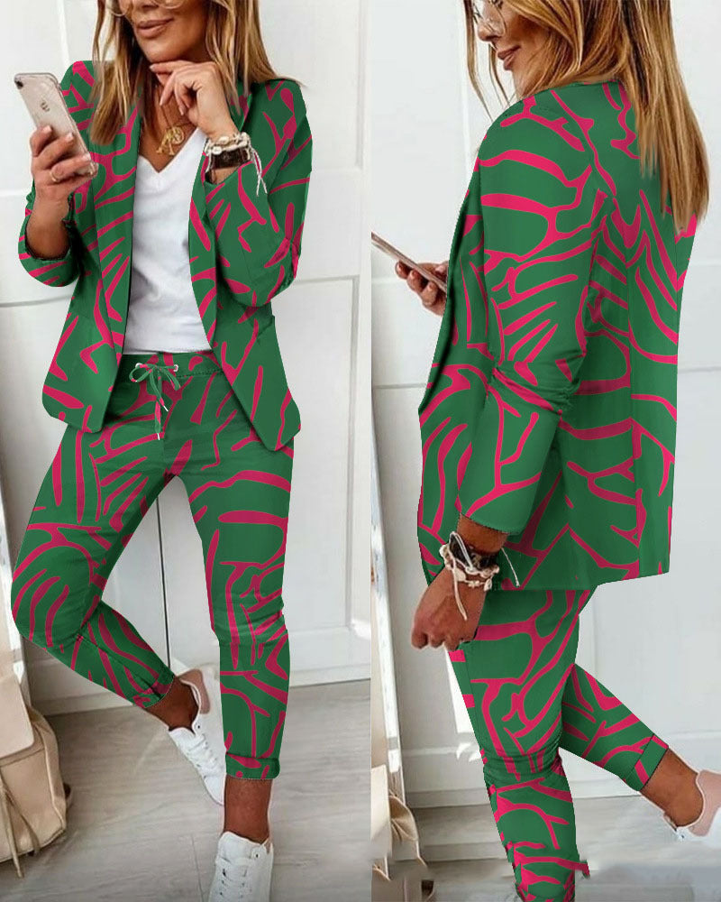 Multicolor Plaid Print Casual Retro Blazer Slim Fit Pants Set