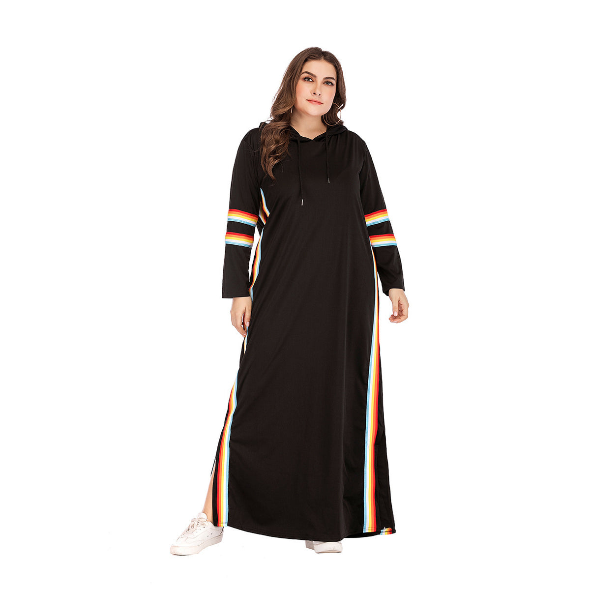 Long Sleeve Rainbow Trim Hoodie Sweatshirt Maxi Dress