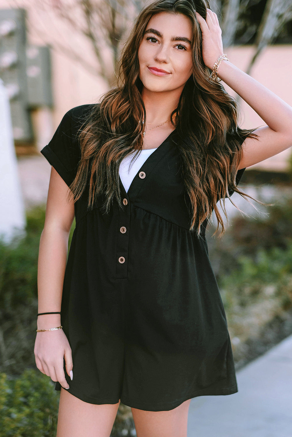 Black V Neck Buttons Loose Cuffed Short Sleeve Romper