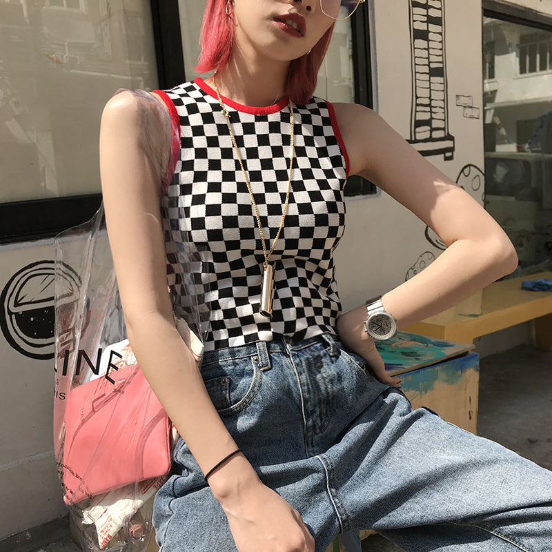 Black And White Checkered Red Trimmed Summer Crop Top Sleeveless Shirt