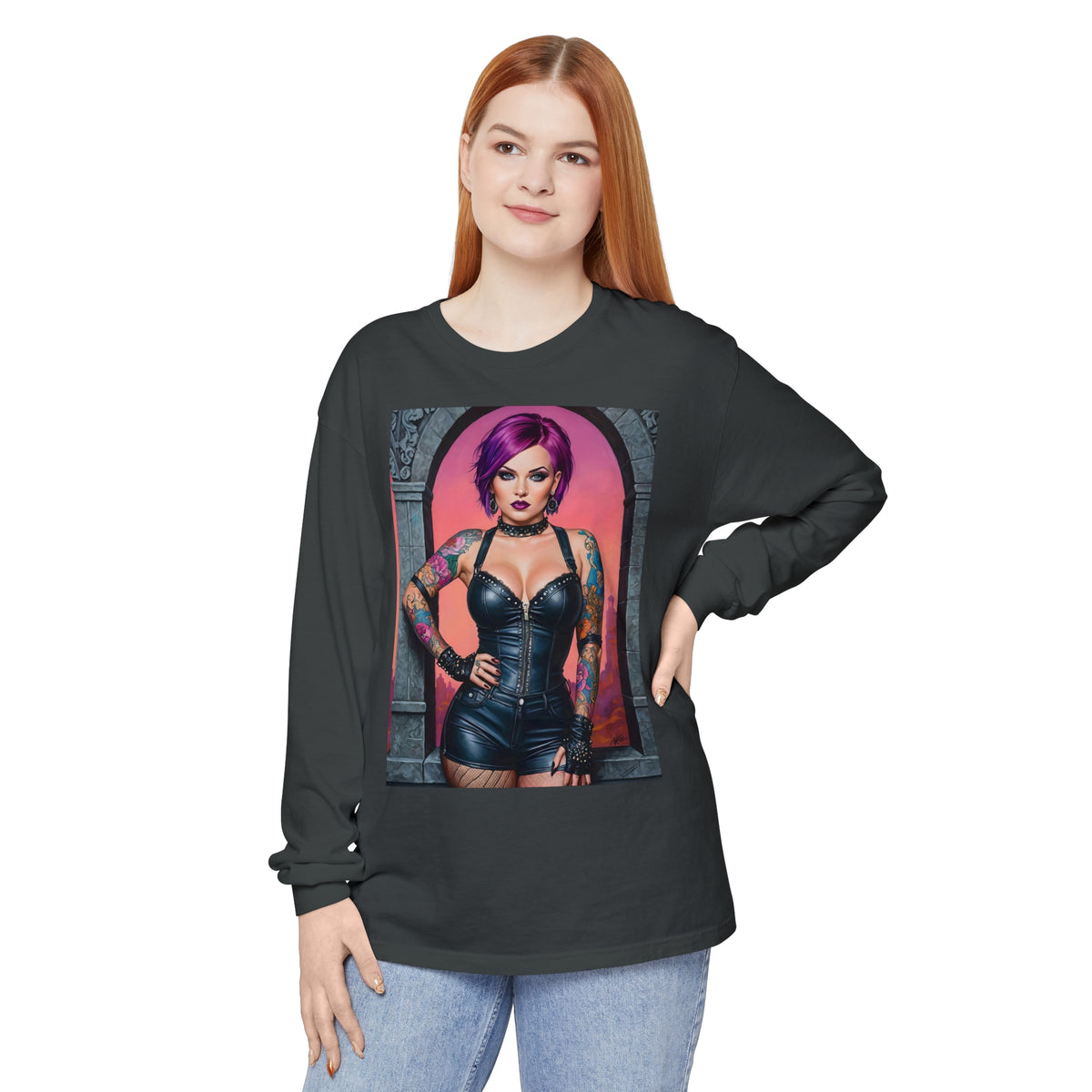 Goth Graveyard Girl Series - Design Seven - Unisex Garment-dyed Long Sleeve T-Shirt