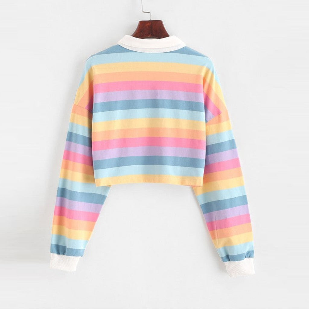 Rainbow Striped Lapel Collar Long Sleeve Sweater Primary and Pastel Color Options