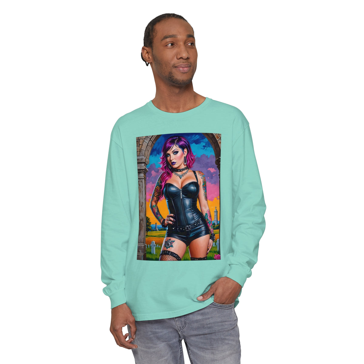 Goth Graveyard Girl Series - Design Three - Unisex Garment-dyed Long Sleeve T-Shirt