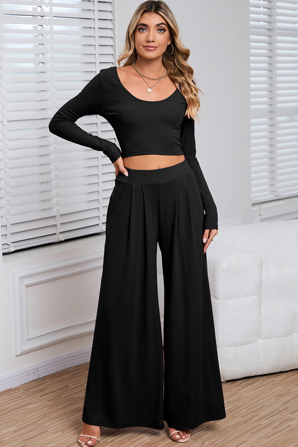 Gray Plain Ribbed Crop Top & Wide Leg Pants Two Piece Pants Set