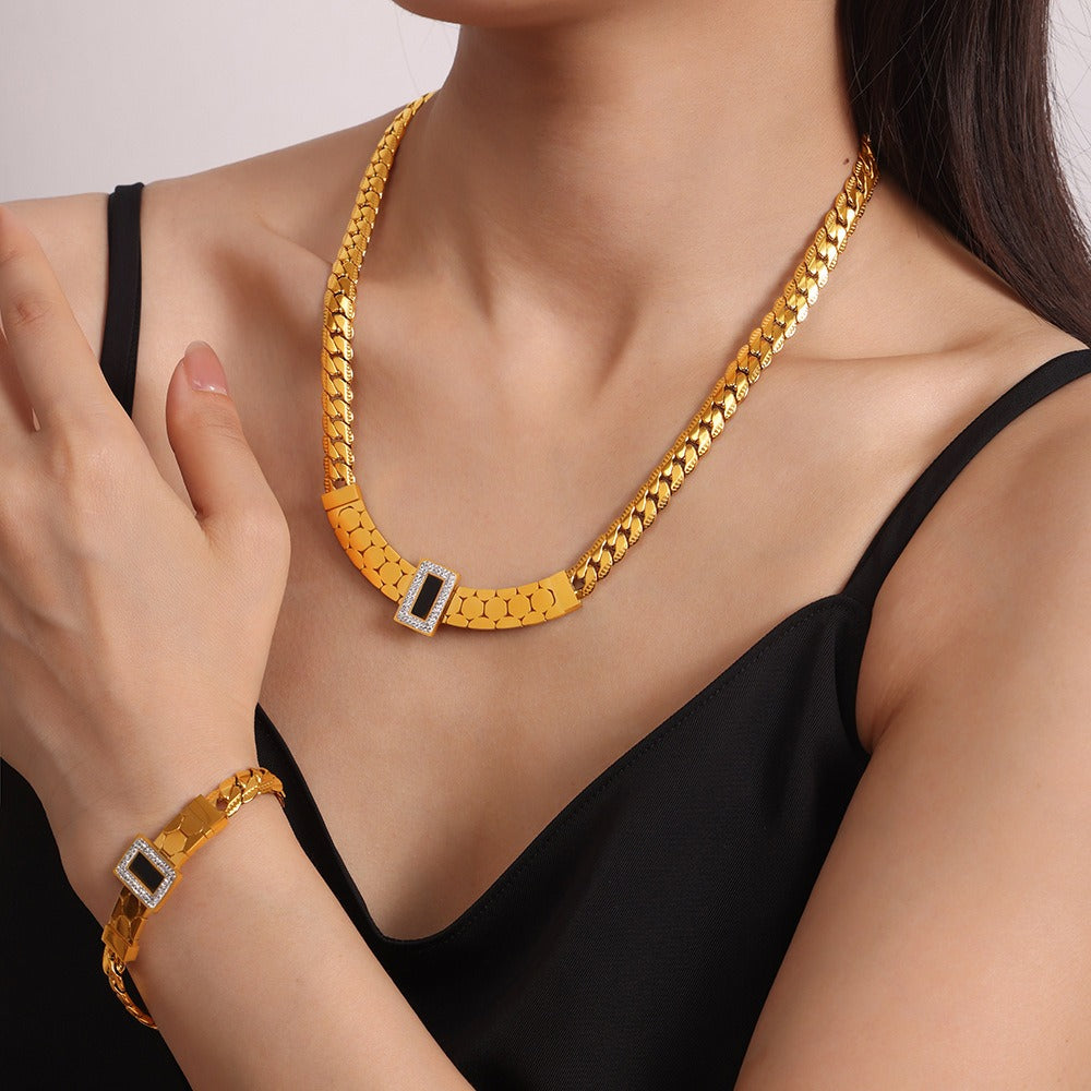 18K gold exquisite light luxury geometric inlaid zircon and gemstone design versatile bracelet necklace set