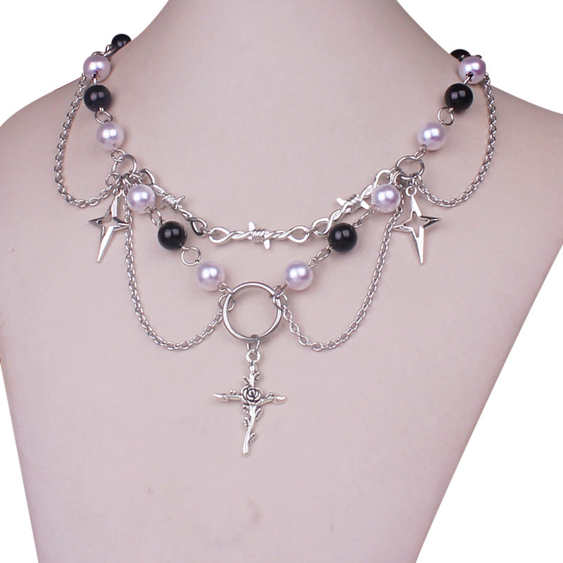 Punk Goth Faux Pearl Cross Necklace