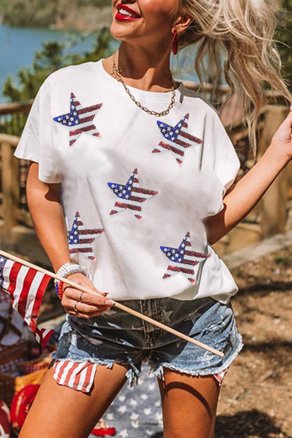 White Sequin American Flag Star Graphic T Shirt