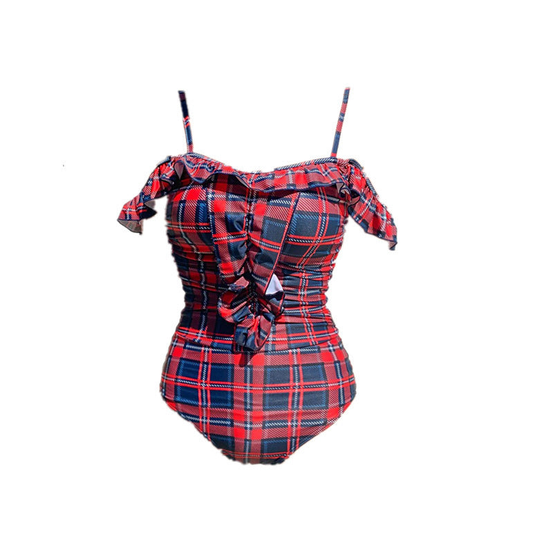 Ladies Plaid Off The Shoulder With Spaghetti Straps One Piece Swimsuit