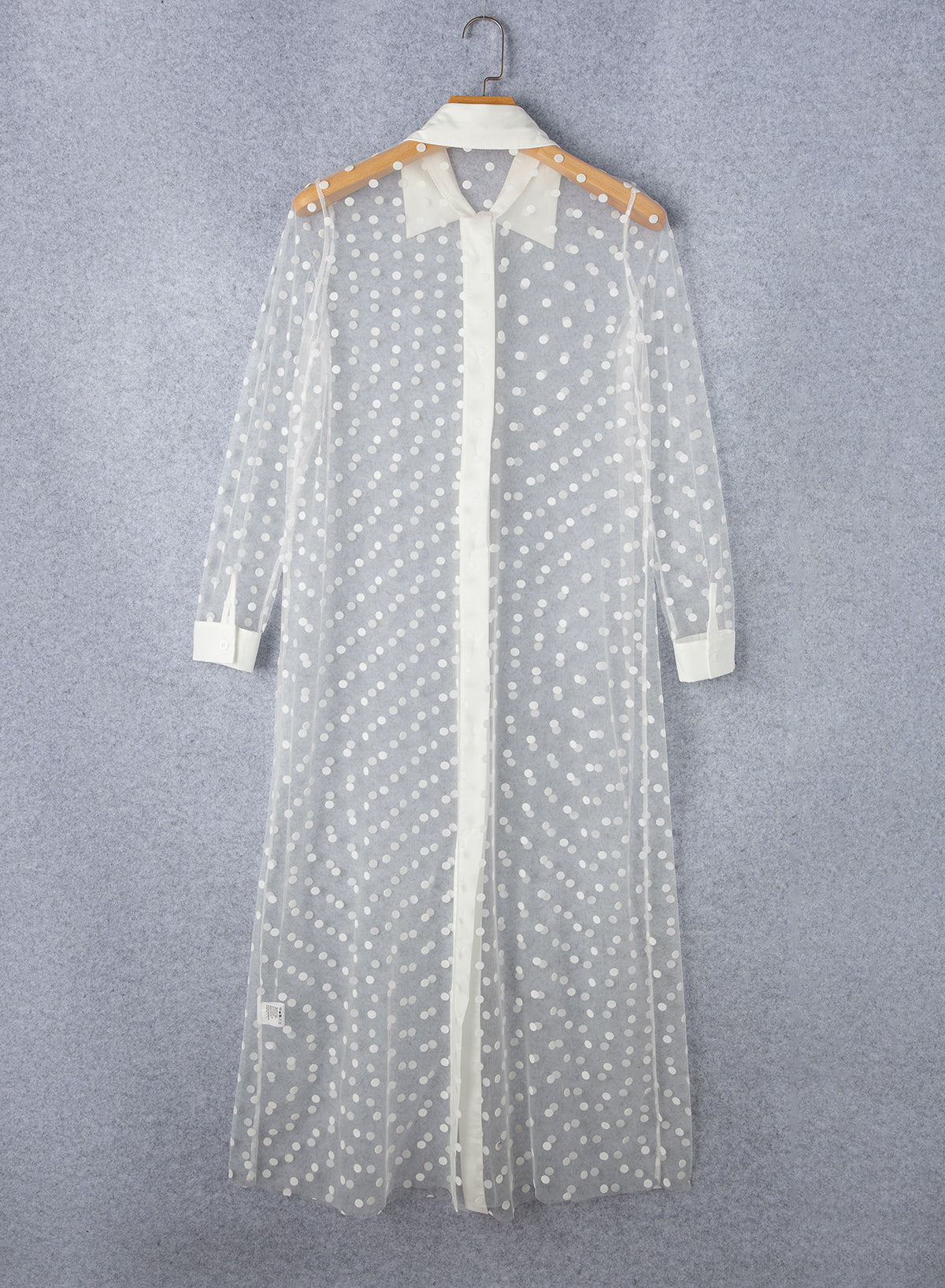 White Polka Dot Print Mesh Duster Kimono | Collared Button-Up Women’s Outerwear