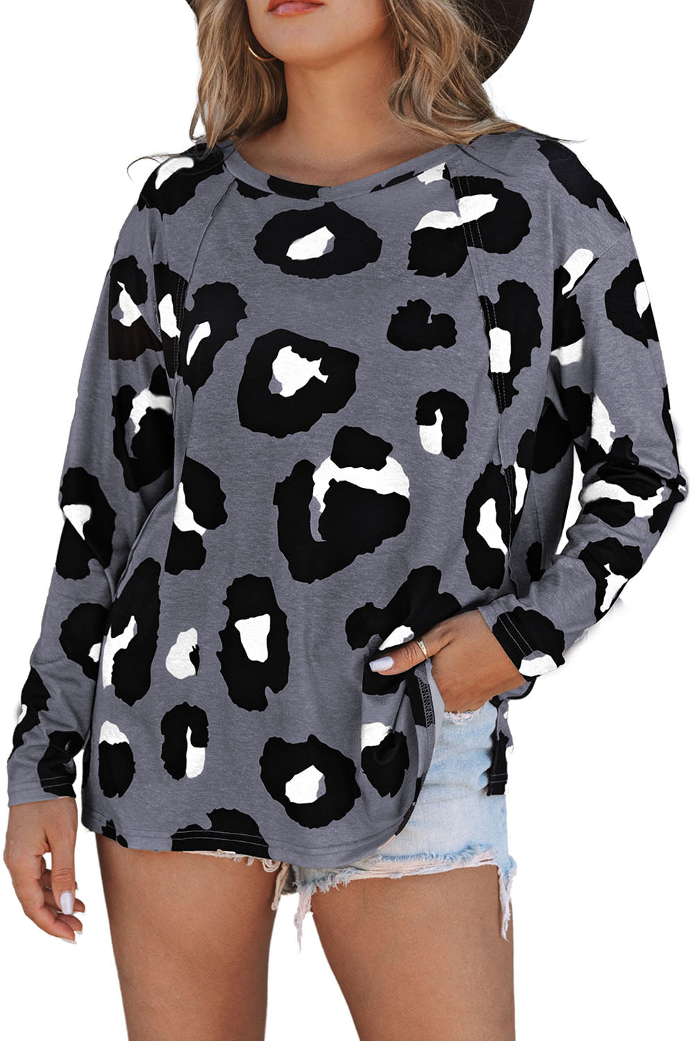 Grey Animal Print V Neck Casual Long Sleeve Shirt