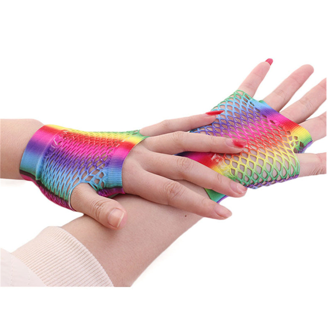 Rainbow Fishnet Short Fingerless Gloves