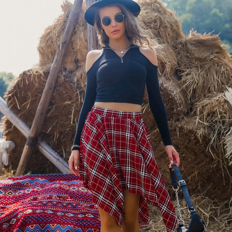 Irregular Hem Black And Red Plaid Punk Style Women's Skirt