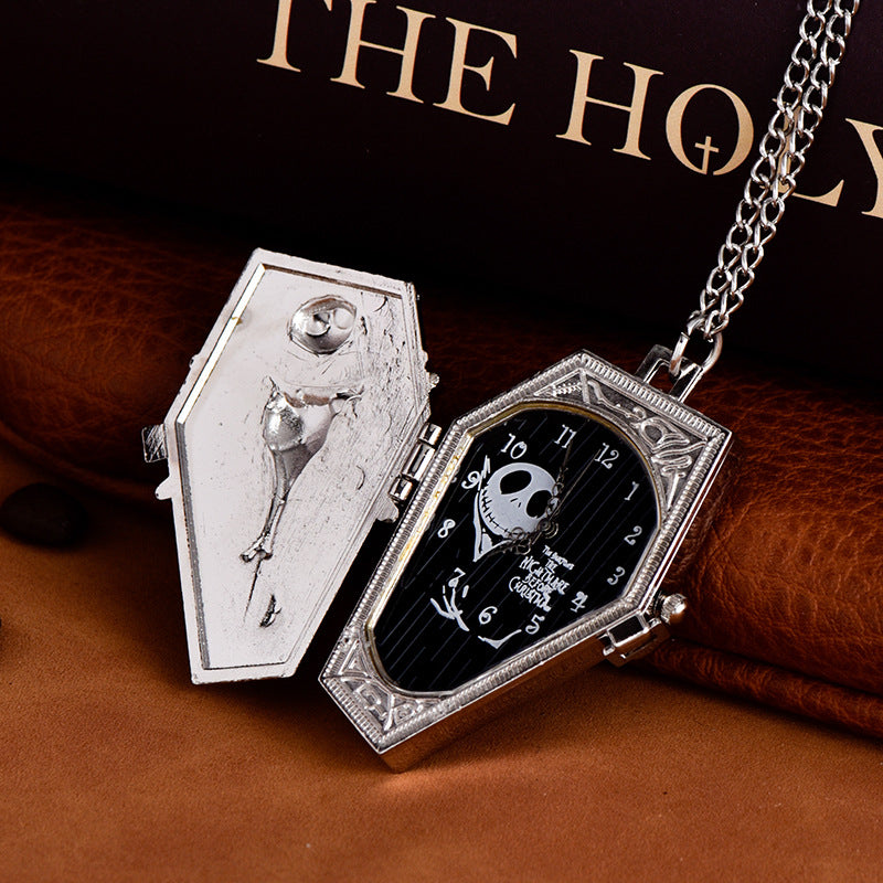 Thin Chain Black Silver Skull Brat Coffin Pocket Watch